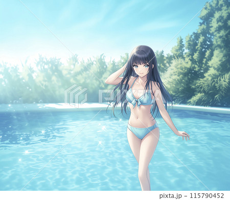 プールを背景に立つビキニの若い女性 AI画像のイラスト素材 [115790452