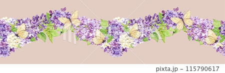 Horizontal seamless border with purple, white and violet lilac. Watercolor spring flowers in botanical style and butterflies. Hand drawn illustration on peach background. Scheme for printing on fabric 115790617