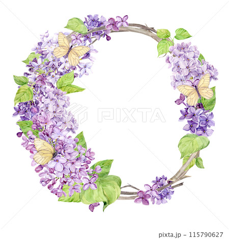 Lilac wreath. Watercolor frame of spring flowers with white butterflies. Wedding invitation template with place for text. Boho style decor on. Illustration for Manners Day, Valentine's Day. Lilac wreath. Watercolor frame of spring flowers with white butterflies. Wedding invitation template with place for text. Boho style decor on. Illustration for Manners Day, Valentine's Day. 115790627