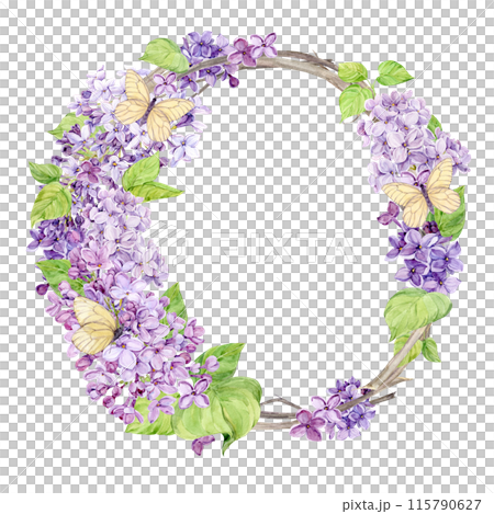 Lilac wreath. Watercolor frame of spring flowers with white butterflies. Wedding invitation template with place for text. Boho style decor on. Illustration for Manners Day, Valentine's Day. 115790627
