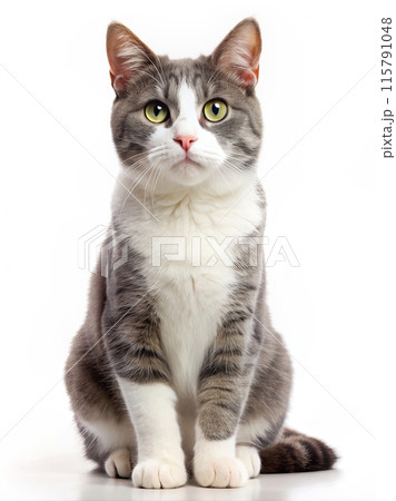 A gray and white cat sits on a white surface, looking at the camera 115791048