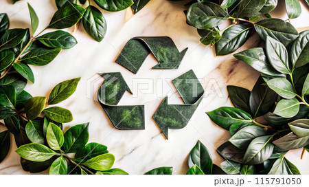 A recycling symbol made of green leaves surrounded by more leaves 115791050