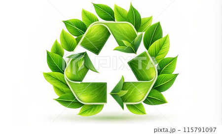 Recycling symbol surrounded by green leaves on white background 115791097