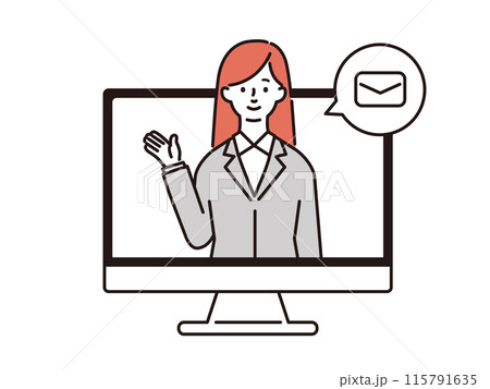パソコンでオンラインで説明をするスーツを着た女性のイラスト パソコンでオンラインで説明をするスーツを着た女性のイラスト 115791635