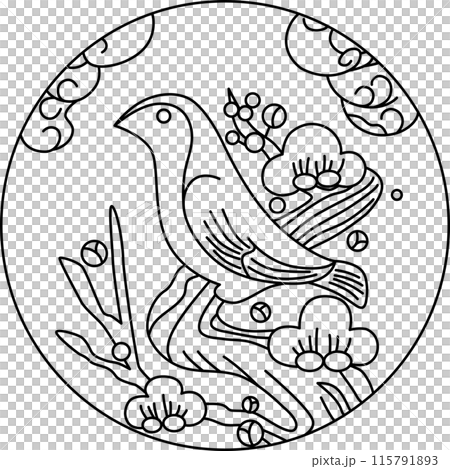 Line drawing circular hanafuda - Nightingale, Kisaragi, Plum, February, Plum and Nightingale 115791893