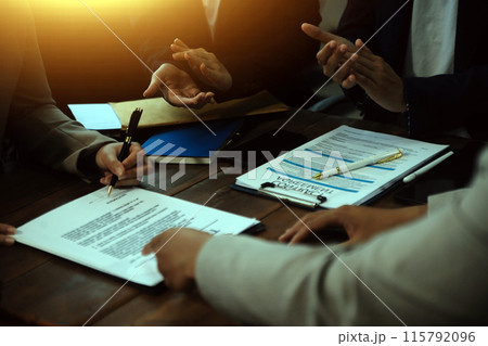 Judge gavel with Justice lawyers having team meeting at law firm background. Concepts of Law and Legal services. Judge gavel with Justice lawyers having team meeting at law firm background. Concepts of Law and Legal services. 115792096