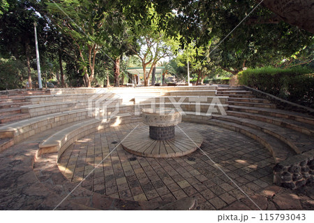The place of religious meetings and pilgrim groups' excursions in front of the Church of the Primacy of St Peter, Sea of Galilee, Tabgha, Israel 115793043