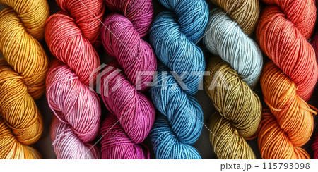 close-up of a skein with yarn. colored skeins of wool, background. handicrafts, hobbies 115793098