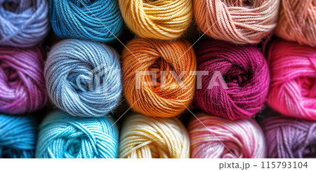 close-up of balls of yarn. colored skeins of wool, background. handicrafts, hobbies 115793104