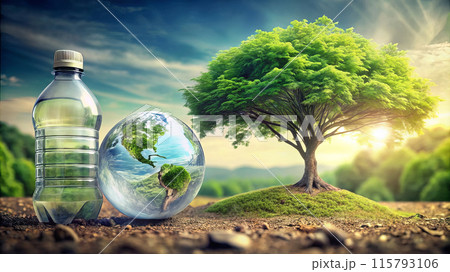 In the background, there is a globe with a tree and a bottle of water 115793106