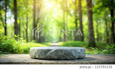 A stone podium in a forest with sunlight filtering through the trees A stone podium in a forest with sunlight filtering through the trees 115793138
