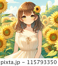 ひまわり畑に立つ少女 115793350