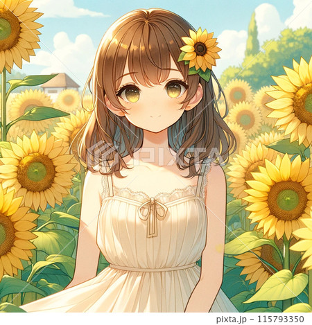 ひまわり畑に立つ少女 115793350