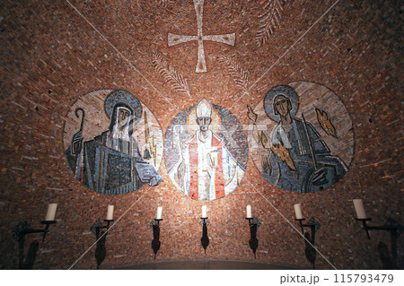 St. Lioba, St. Boniface and St. Mauritius, mosaic in the Church of the Benedictine Abbey of the Dormition, mount Zion in Jerusalem, Israel St. Lioba, St. Boniface and St. Mauritius, mosaic in the Church of the Benedictine Abbey of the Dormition, mount Zion in Jerusalem, Israel 115793479