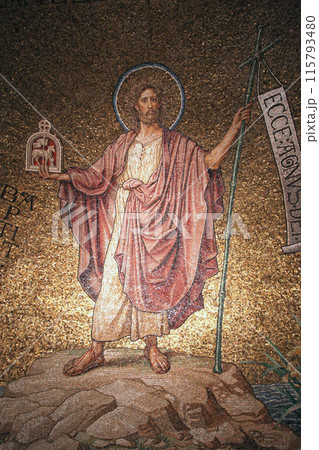 John the Baptist standing on the banks of the Jordan river, mosaic in the Church of the Benedictine Abbey of the Dormition, mount Zion in Jerusalem, Israel John the Baptist standing on the banks of the Jordan river, mosaic in the Church of the Benedictine Abbey of the Dormition, mount Zion in Jerusalem, Israel 115793480