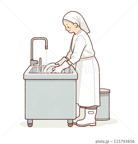 厨房洗い場で洗い物をする白衣の高齢女性 高齢者雇用 厨房洗い場で洗い物をする白衣の高齢女性 高齢者雇用 115793656