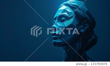 Futuristic Polygonal Art of Women's Head in Blue Light Futuristic Polygonal Art of Women's Head in Blue Light 115793974