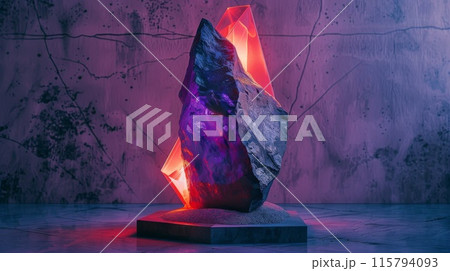 Futuristic Geometric Rock Sculpture with Neon Lighting in Modern Art Gallery 115794093