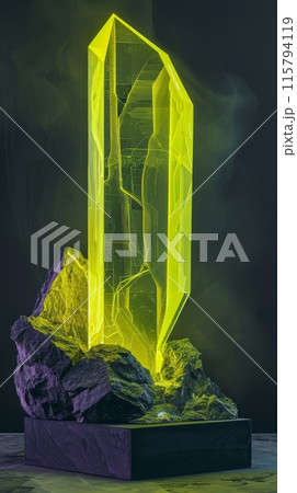 Glowing Neon Green Crystal on Rock Base with Illuminated Edges in Dark Background 115794119