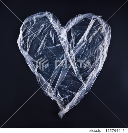 Heart-Shaped Plastic Wrap on Dark Background. Environmental Art and Pollution Awareness 115794443