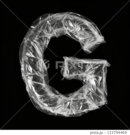Creative Letter G Made from Clear Plastic Wrap on Black Background in Unique Typography Design 115794469