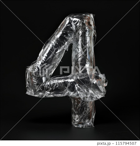 Metallic Number 4 Balloon Wrapped in Plastic on Black Background 115794507