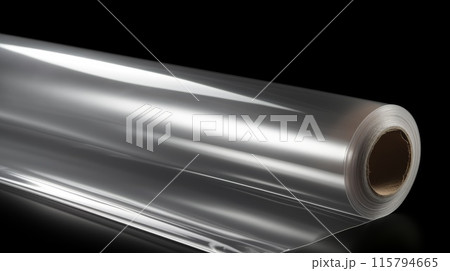 Transparent Plastic Film Roll on Black Background. Clear Polyethylene Material for Packaging 115794665
