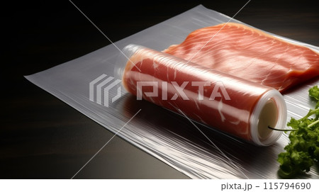 Fresh Sliced Prosciutto Ham Wrapped in Plastic Next to Green Lettuce on Dark Wooden Surface 115794690