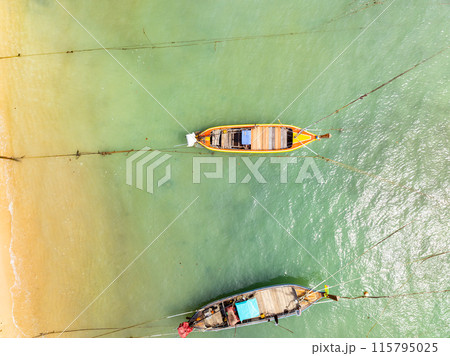 Tropical sea beach seascape with longtail fishing boats,Summer sea landscape background Top view 115795025