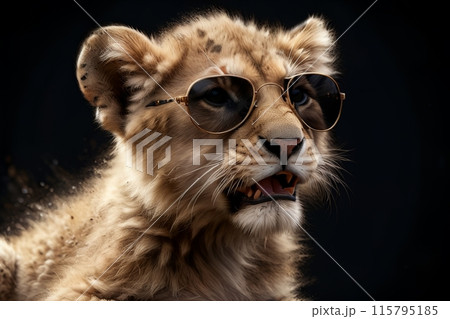 portrait of a menacing tiger wearing sunglasses, isolated on a black background portrait of a menacing tiger wearing sunglasses, isolated on a black background 115795185