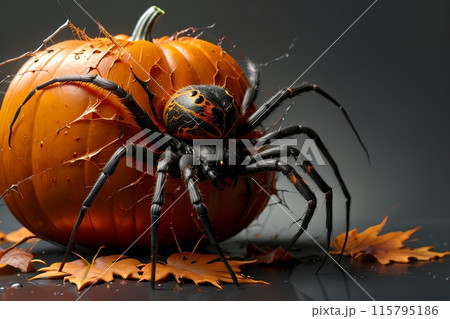 Halloween, black spider with web and big orange pumpkin 115795186