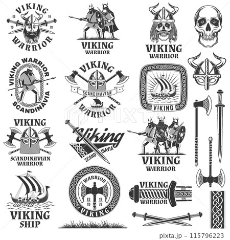 Set of viking warrior logos, badges, stickers. Vector illustration. For emblems, labels and patch. Monochrome style viking in helmet with crossed battle sword, axe, spear and round shield 115796223