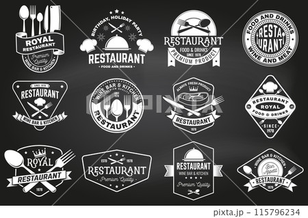 Set of Restaurant logo on the chalkboard. Vector. Vintage graphic design for logotype, label, badge with plate, steak, cloche with lid, fork and knife. Cooking, cuisine logo for menu restaurant or 115796234