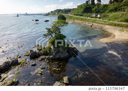 雨晴海岸・女岩と立山連峰（ドローンによる空撮） 115796347