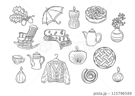 Tasty and cozy autumn items in doodle style Tasty and cozy autumn items in doodle style 115796589