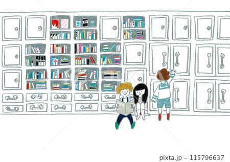 手描きイラスト 本棚の前に座って読書 手描きイラスト 本棚の前に座って読書 115796637