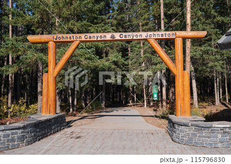 Banff, Alberta, Canada - September 30 2020 : Entrance sign of Johnston Canyon. 115796830