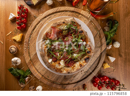 Pizza mortadella with mozzarella cheese Pizza mortadella with mozzarella cheese 115796858