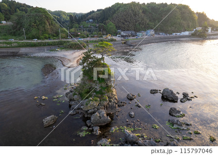 雨晴海岸・女岩と立山連峰（ドローンによる空撮） 115797046