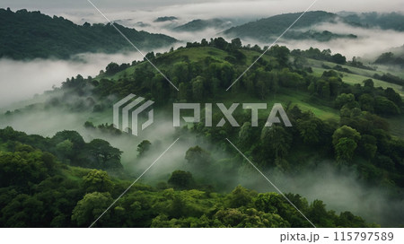 Lush green landscape shrouded in mist 115797589