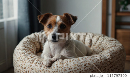 Portrait of a rough-coated jack russell terrier sitting in a dog bed. in a home interior. Close-up Portrait of a rough-coated jack russell terrier sitting in a dog bed. in a home interior. Close-up 115797590