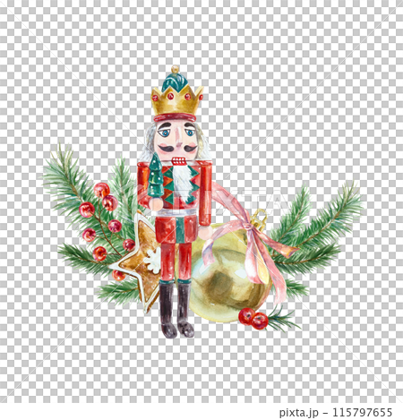 Nutcracker, golden ball, fir branches, berries. Hand drawn watercolor illustration isolated on white background. For Christmas and New Year cards, invitations, banners, posters, brochures. 115797655