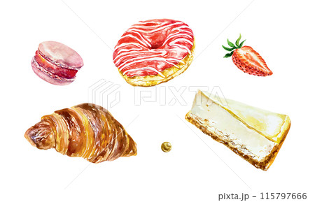 Cakes set watercolor. Donut, croissant, macaron, cheesecake. Vector illustration. Cafe, bakery, confectionery menu design, cards, invitations, banners Cakes set watercolor. Donut, croissant, macaron, cheesecake. Vector illustration. Cafe, bakery, confectionery menu design, cards, invitations, banners 115797666