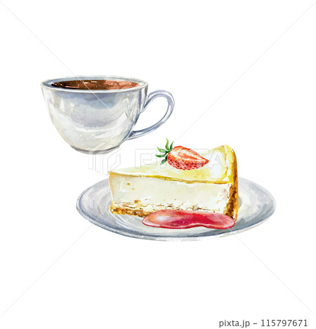 Cheesecake with strawberries on a saucer, cup of coffee, watercolor. Vector illustration for cafe, bakery, menu, banners, posters, cards, invitations. Cheesecake with strawberries on a saucer, cup of coffee, watercolor. Vector illustration for cafe, bakery, menu, banners, posters, cards, invitations. 115797671