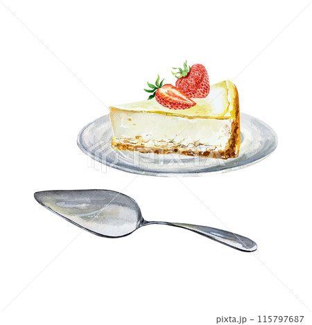 Cheesecake with strawberries on a saucer, pastry spatula. Watercolor. Vector illustration. Cards, cafe menus, bakeries, confectioneries, large banners 115797687