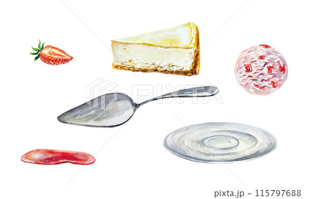 Cheesecake set watercolor. A piece of cake, strawberries, syrup, saucer, ice cream. Vector Cards, cafe menus, bakeries, confectioneries, large banners Cheesecake set watercolor. A piece of cake, strawberries, syrup, saucer, ice cream. Vector Cards, cafe menus, bakeries, confectioneries, large banners 115797688