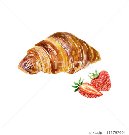 Croissant and strawberries, watercolor. Vector illustration. Food sketch. Cards, invitations, cafe menus, bakeries, confectioneries, posters, banners. 115797694