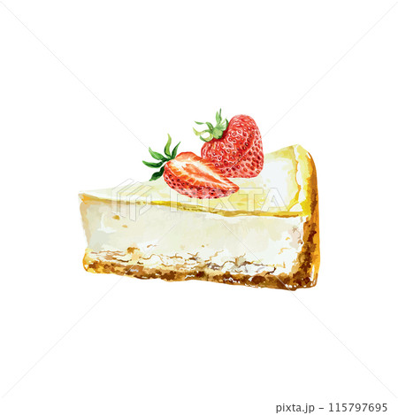 Cheesecake watercolor. Piece of cake, strawberry. Vector illustration. For cards, invitations, cafe menus, bakeries, confectioneries, posters, banners 115797695