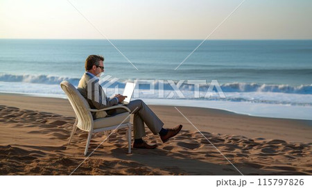 Businessman Working Remotely on a Beach at Sunset 115797826