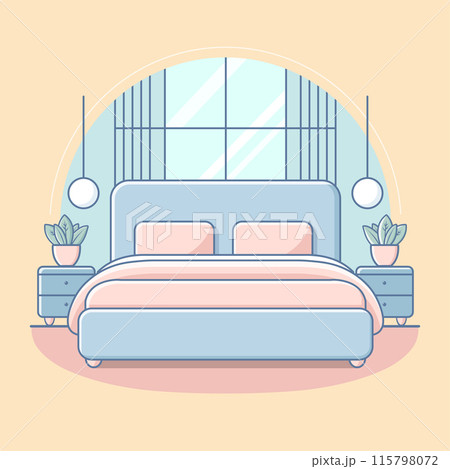 Flat illustration of minimal bedroom interior with bed and side tables, vector illustration Flat illustration of minimal bedroom interior with bed and side tables, vector illustration 115798072
